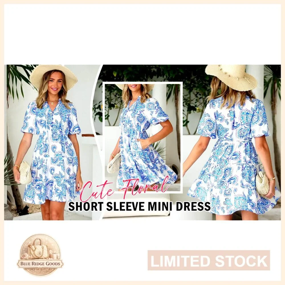 Boho Floral Mini Dress Tiered Ruffle V Neck Short Sleeve A Line Summer - Picture 7 of 7